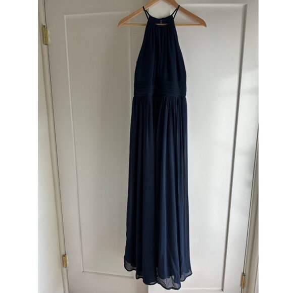 Bill Levkoff High-Neck Keyhole Chiffon Floor Length Bridesmaid Dress in Navy - Picture 3 of 13